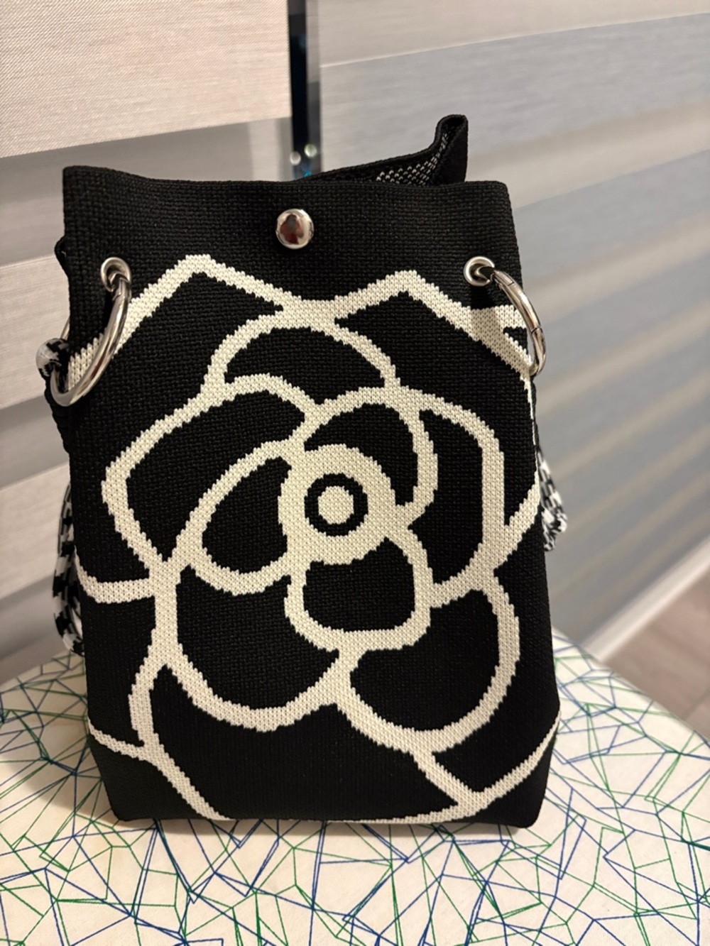 Black & White Floral Knit Hand Bag - Unbranded and Uniqlo beige bag